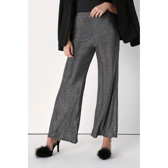 Lulus L  Festivities Metallic Silver Wide Leg‎ High Waisted Pants Sparkle New - Picture 1 of 8